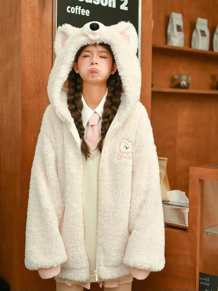 

Faux Lamb Cartoon Coat Women Winter Warm Sweet Cute Jacket Vintage Preppy Style Long Sleeve Loose Female Japan Kawaii Outwear