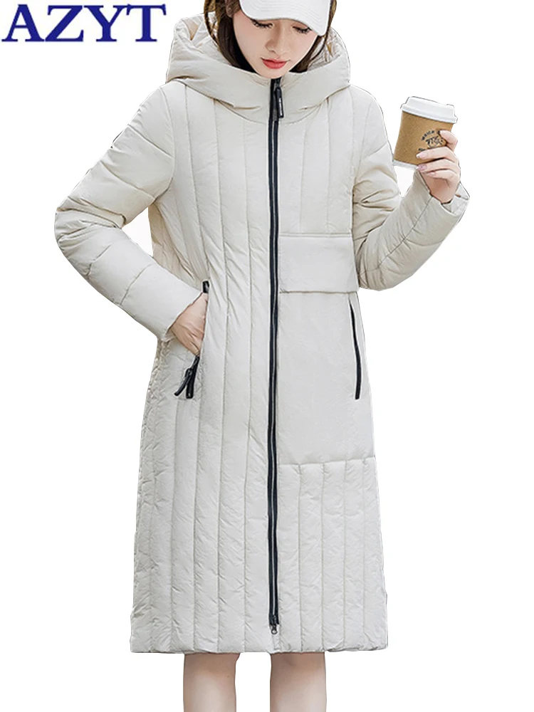 

AZYT Mid Long Hooded Down Cotton Parkas Coat Women Winter Casual Outwear Cotton Padded Jackets Female Thicken Winter Jacket 2022