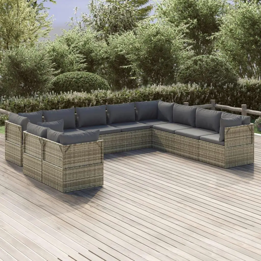 10-Piece Gray Poly Rattan Patio Lounge Set with Cushions - Outdoor Furniture for Garden & Balcony