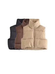 Women Fashion Adjustable Hem Zip-up Crop Padded Waistcoat Vintage High Neck Sleeveless Female Outerwear Chic Vest Tops
