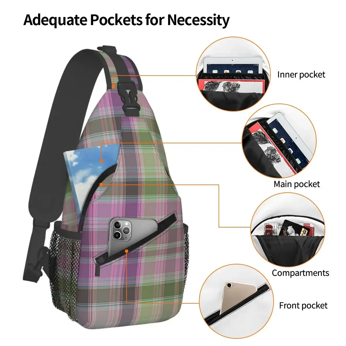 Green And Lilac Tartan Plaid Chest Bag Men Sling Crossbody Backpack Chest Bag Travel Hiking Daypack Shoulder Bag