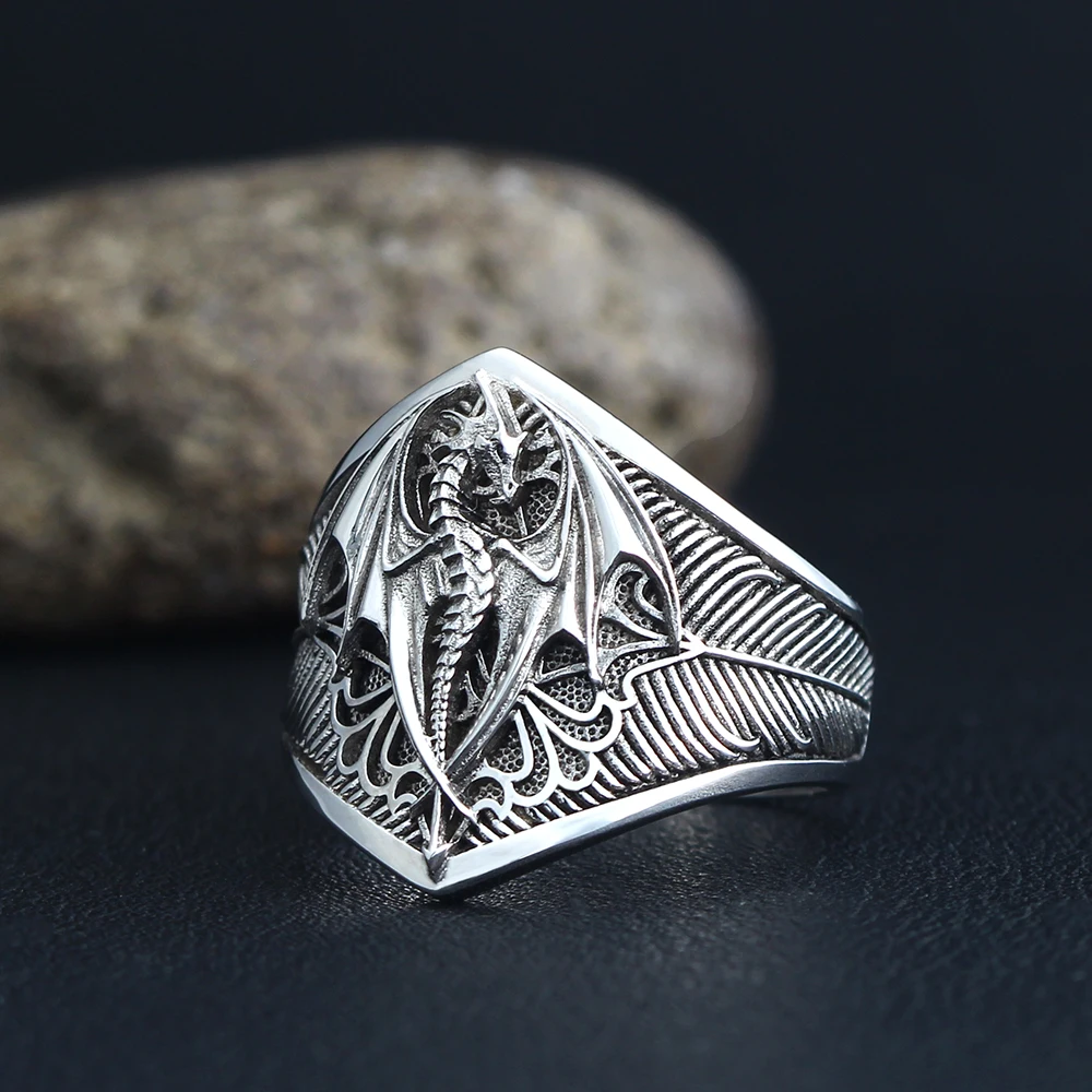 

Flying Dragon Signet Vinking Drachen Signet Unique Biker Gothic Signet Mens 925k Sterling Silver Ring
