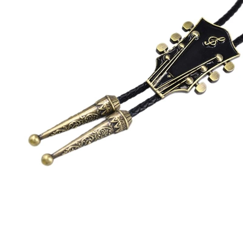 Винтажный галстук-боло ручной работы для женщин и мужчин, ковбойский кожаный галстук из веревки в стиле вестерн с эмалированной подвеской в виде гитары, ювелирное ожерелье