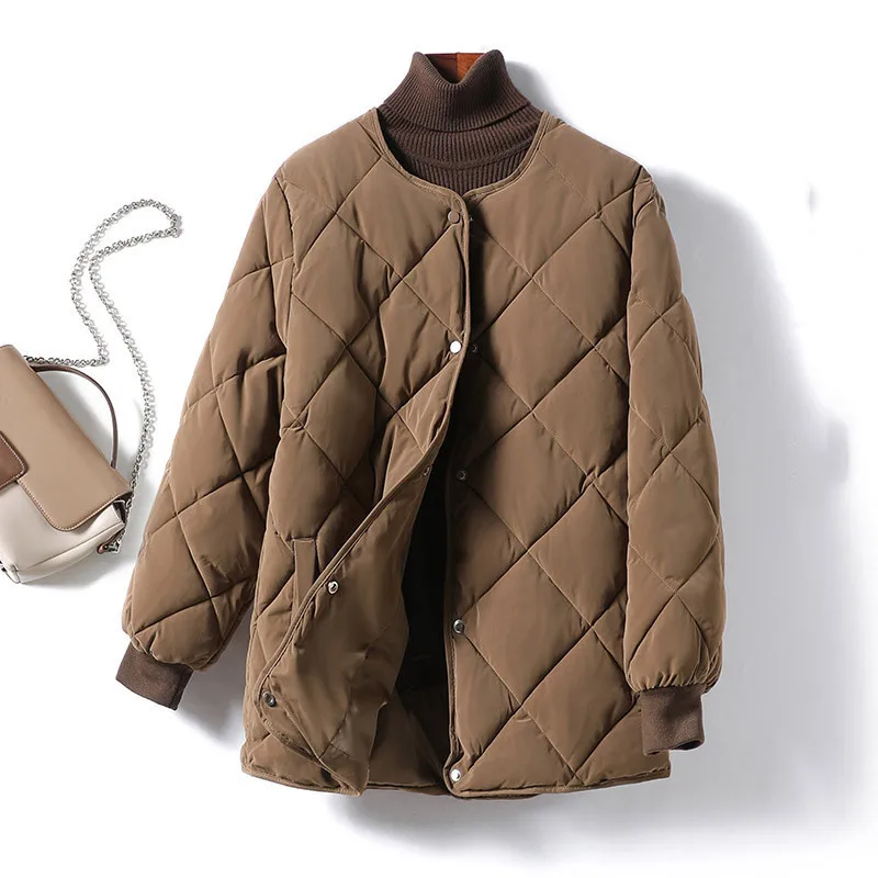 

New Winter Rhombic Lattice Warm Thicken White Duck Down Jacket Women Oversize Down Coat Quilted Parkas Female Midi Long Outwears