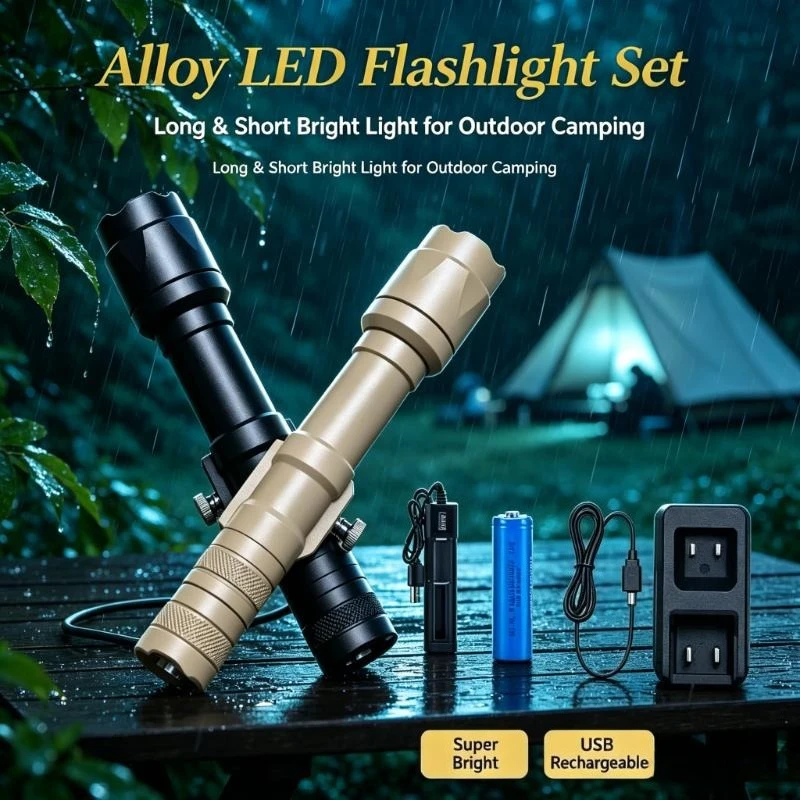 Alloy LED Flashlight Pack Long&Short, Bright Torch with Strobe & SOS, USB Rechargeable Torch, Outdoor Adventure Lighting