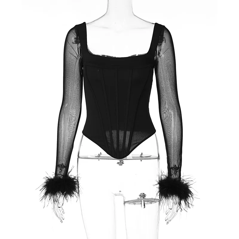 Mesh Feather Corset Long Sleeve Top Women Sexy T Shirt 2024 Spring Summer Clothes Sexy Tshirt Y2K Bodice Fashion Tide Chic Slim