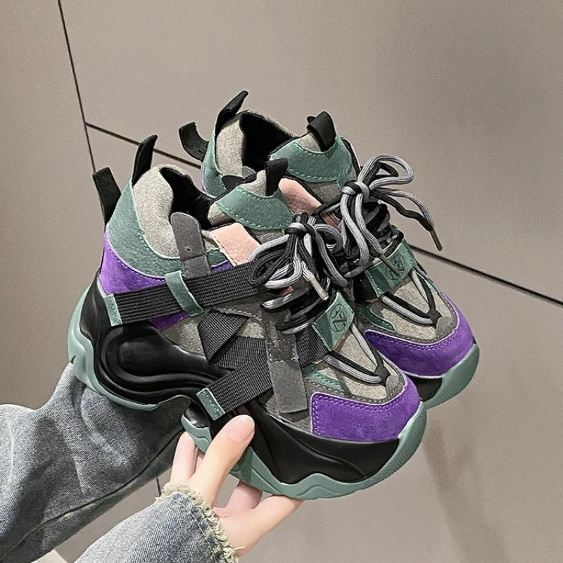 

New 2025 Chunky Leather Sneakers Summer Casual Vulcanized Shoes Woman High Platform Breathable Mesh Sneakers Sport Dad Shoes