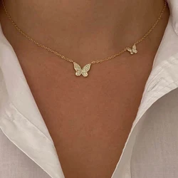 2025 Summer Fashion New Gold Color Micro Pave Clear Cubic Zirconia CZ Cute Lovely 2PC Butterfly Charm Women Trendy Necklace
