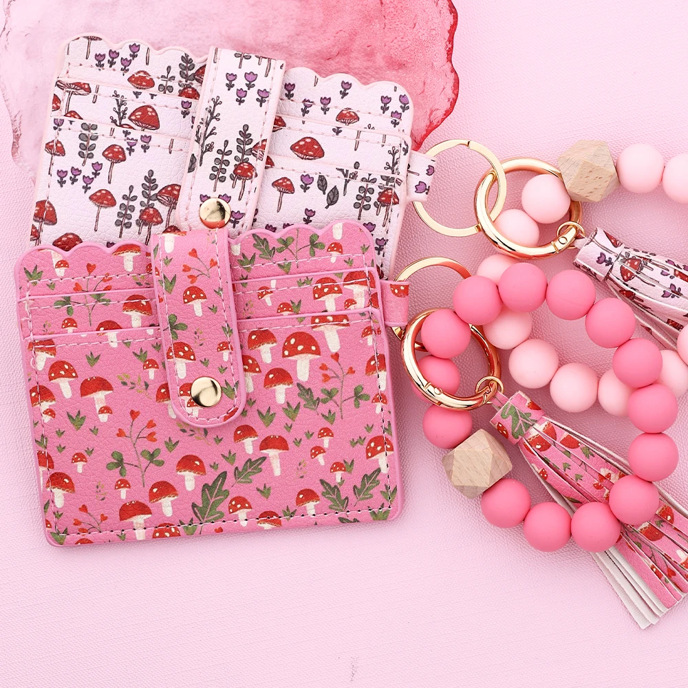 2025 Silicone Bead Bracelet Ocean Print Leather Card Bag Wristlet Keychain Mushroom Fruit Leather Wallet Bangle view 6
