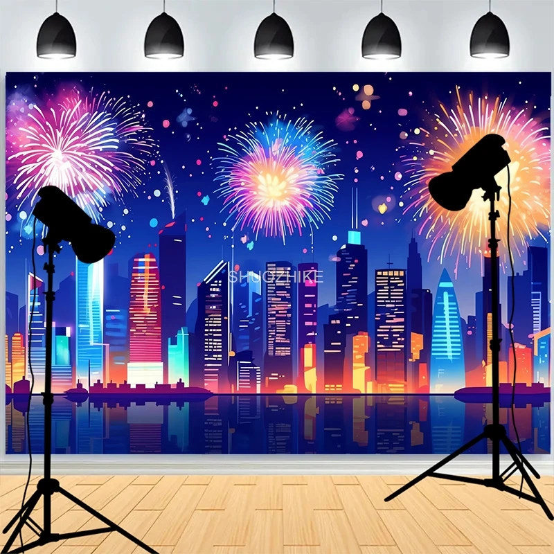 Beautiful Firework Show Cityscape Night Photography Backdrops  Happy New Year Christmas Day Family Party Photo Background XH-06