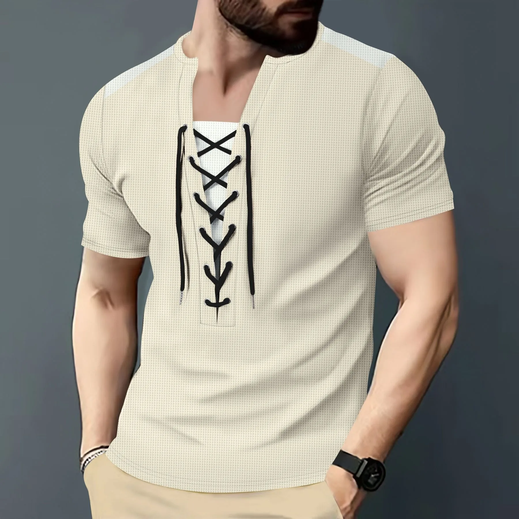 Men's Waffle Light and Casual Color-blocking Spliced rope Round Neck Short-sleeved T-padded Top