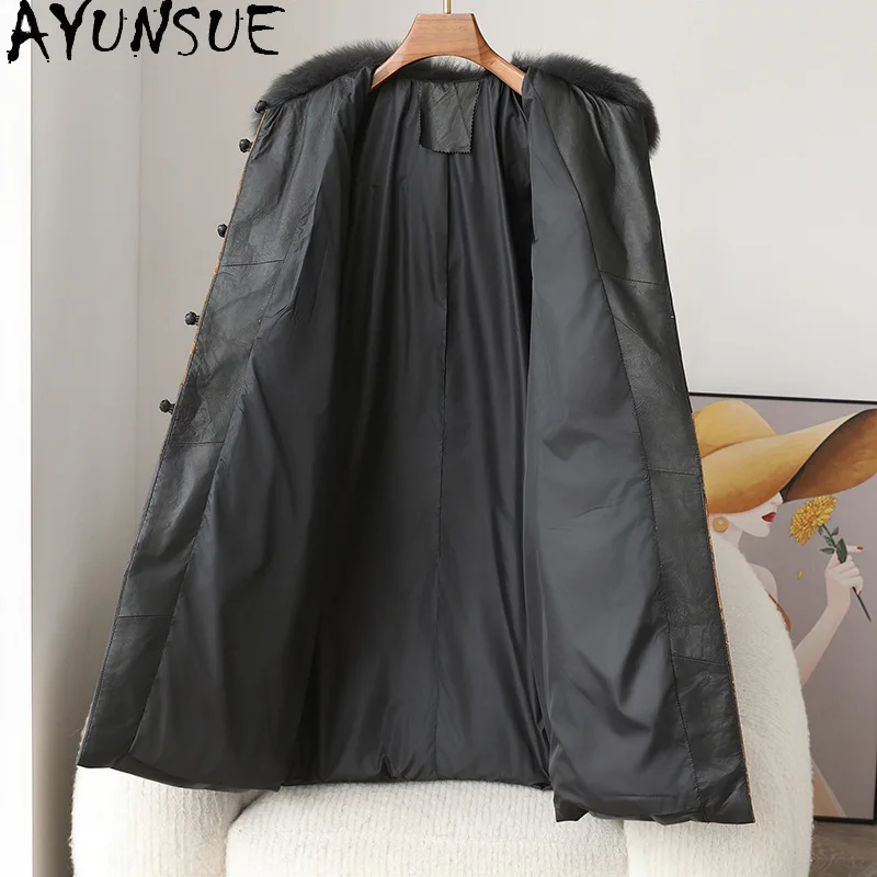 AYUNSUE 정품 가죽 다운 재킷 여성 겨울 의류 2025 중간 길이 양피 여성 코트 여우 모피 칼라 Jaqueta De Couro