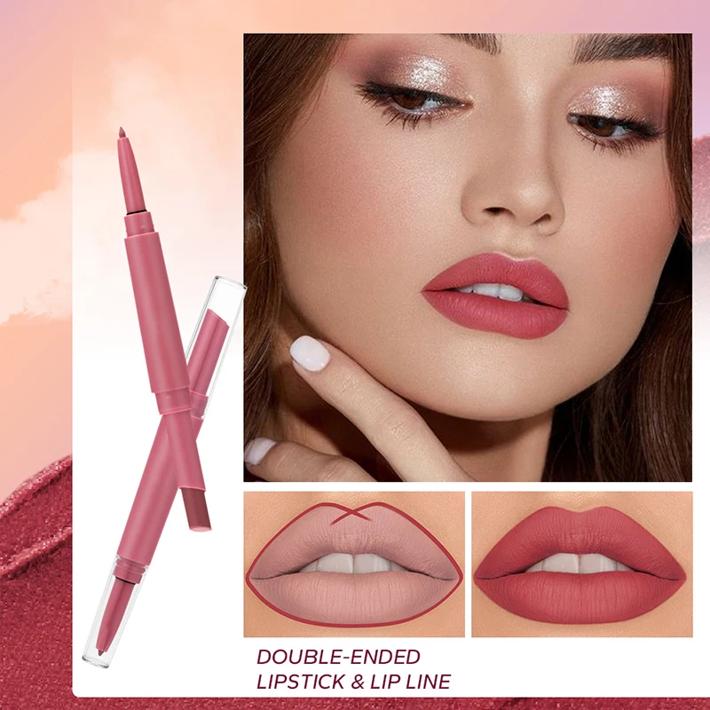 Cabeça dupla Matte Lipstick Lipliner, copo antiaderente, durável, decolorizing, natural, tridimensional, 6 cores