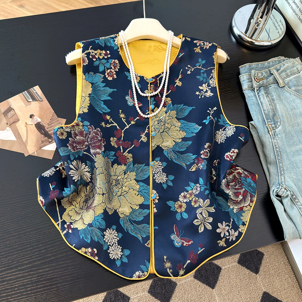 New Chinese Style Double-Sided Wear Embroidered Luxury Vest Open Cardigan Elegant Atmosphere Polyester Fiber 100% Women's Jacket
