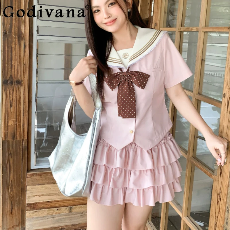 

Spring Summer New Plus Size JK Japanese Pink Navy Collar Short Sleeve Shirt Fashion High Waist A-line Age-reducing Loose Skirt