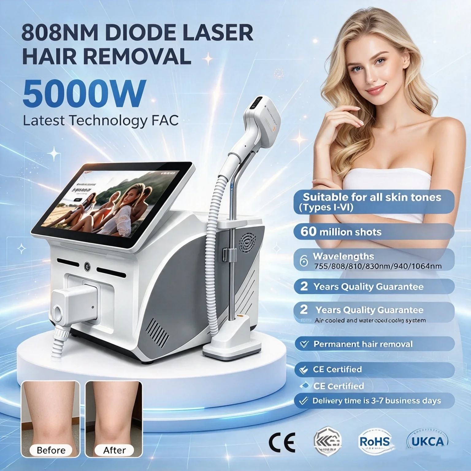 2026 Portable Professional 4000W Soprano Diode Ice Titanium Laser Body Hair Removal Machine 4 Waves 808nm 755 940 1064nm Device