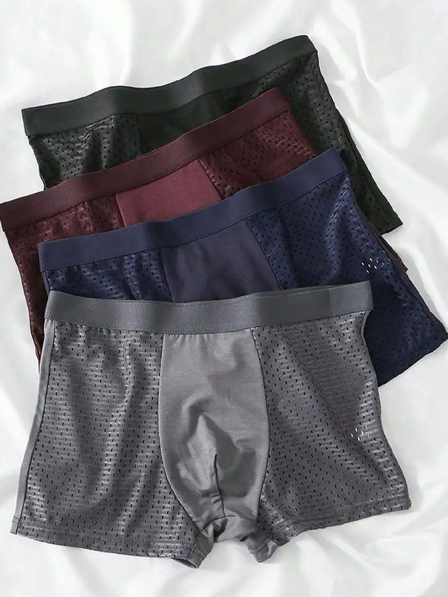 

4 Pcs Mens Breathable Mesh Boxer Briefs Summer Comfort Solid Color