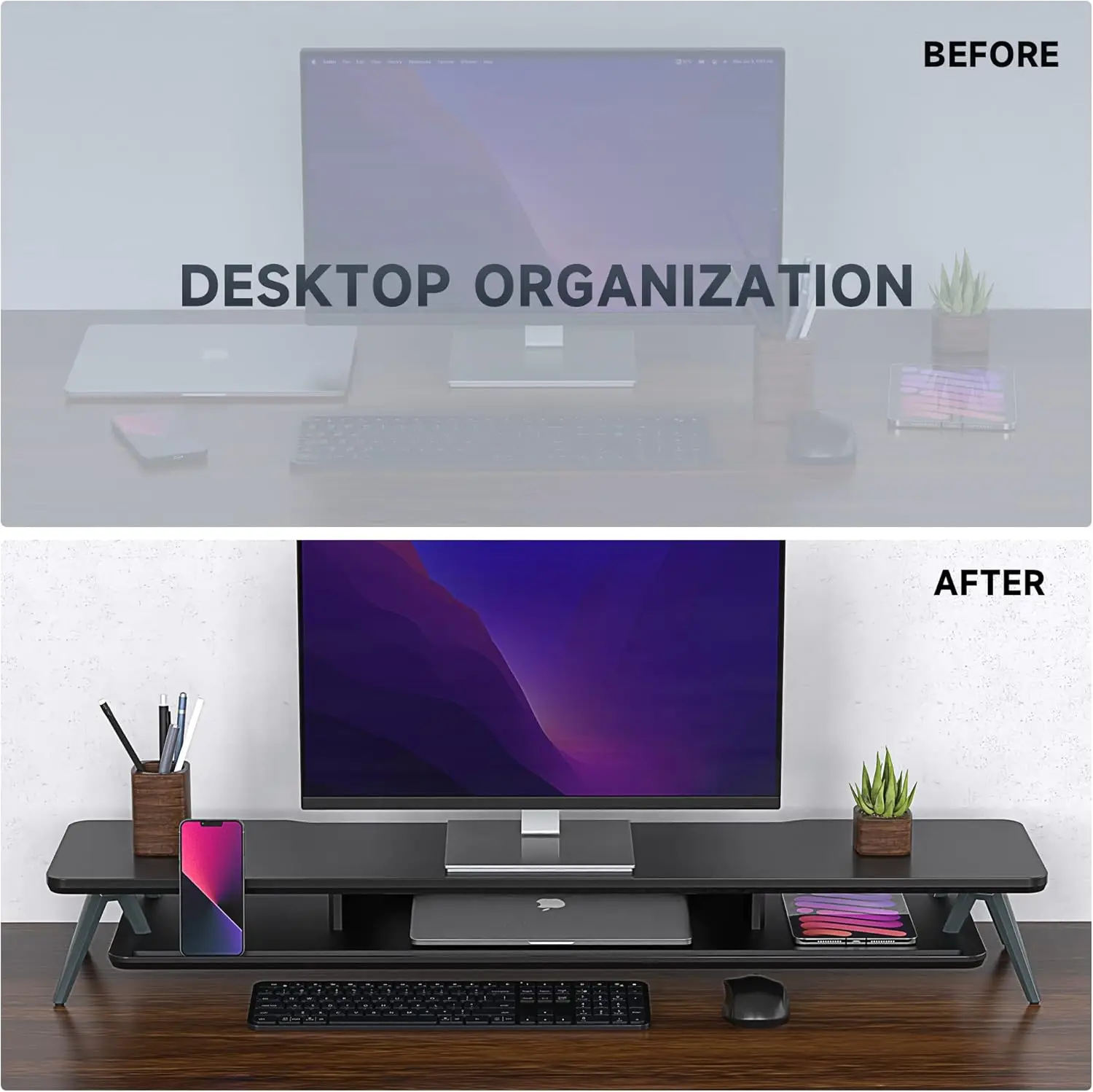 Dual Monitor Stand, Monitor Stands Riser For 2 Monitors, 42.5 H Wood Desk Shelf With Storage Organizer And Cable Management For