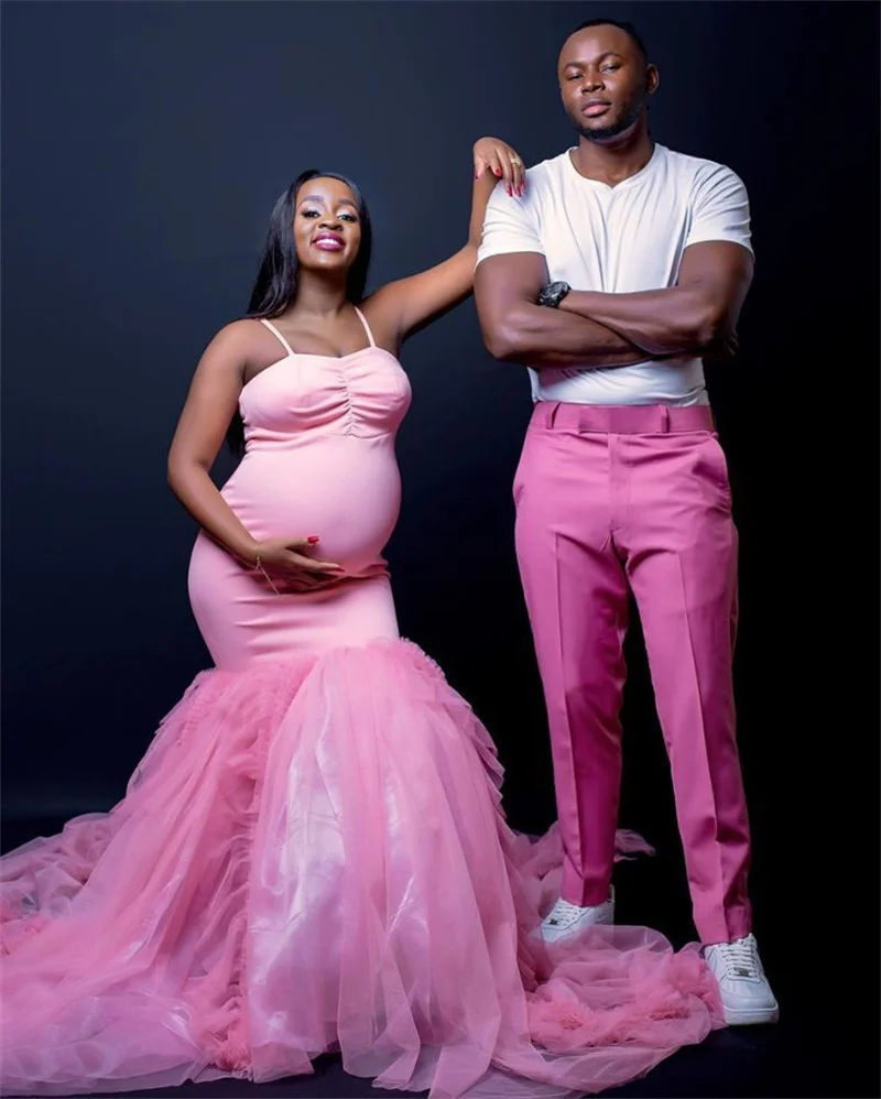 Pink Women Maternity Prom Dress Photoshoot Formal Pregnant Sexy Stripe Tiered Tulle Bridal Morning Robe Customized Night Gown