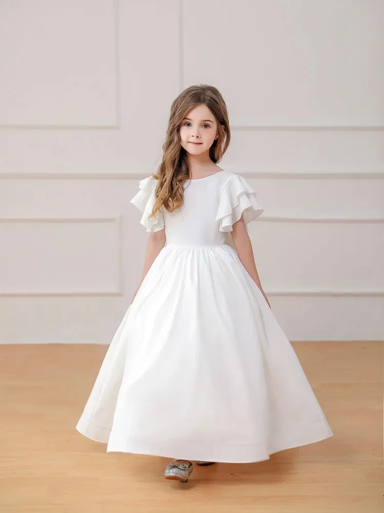 Girls dress white trailing round neck back V lotus sleeve bridesmaid dress Holy Communion dinner dress