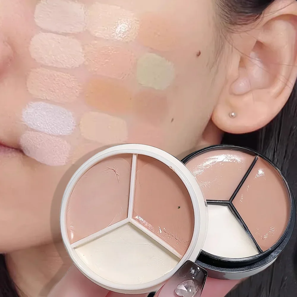 Creamy 3-in-1 Concealer Palette Full Coverage Oil-Control Long-Lasting for Dark Spots Redness & Pores Primer & Contour Cosmetic
