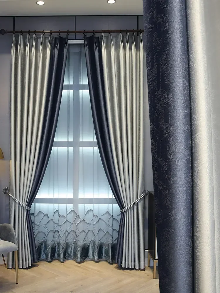 Blue-gray Stitching Luxury Curtains for Living Room Bedroom Modern New Chinese Style High Shading Study Balcony Window Customize