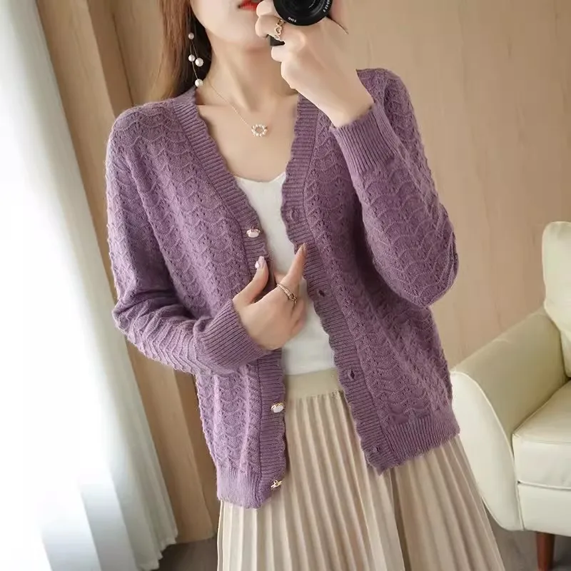 utumn New Long Sleeve Knitted Cardigan Women V-Neck Short Coat Hollowed Out Hook Flower Lace Sweater Female Loose Knitwear B389