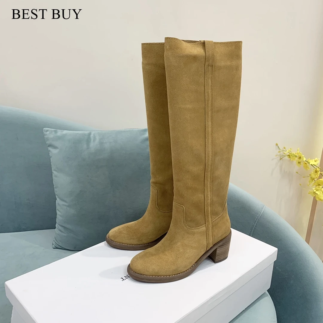 big size 35-43 Square thick High Heel Women Winter Boots rouned Toe Knee High Boots Real Suede Leather Warm Sexy Fashion 2024