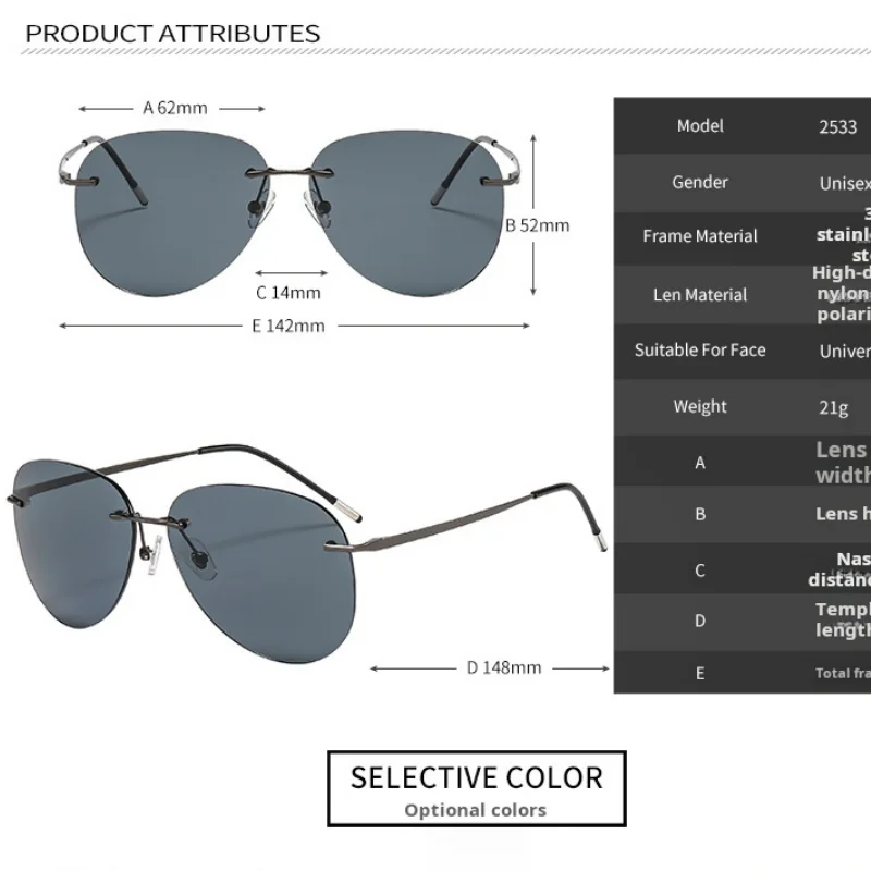 MOMOJA Rimless Polarized Pilot Men Sunglasses Model Ultra Light UV Protection Anti Glare Driving Shades Outdoor Sun Glasses 2533