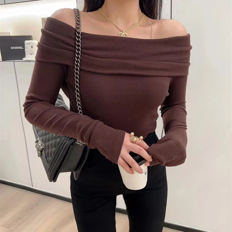 Black Sexy Slash Neck Knitted Sweater Women autumn Fashion Pleated Off Shoulder Jumpers lady Elegant Long Sleeve Slim Pullovers