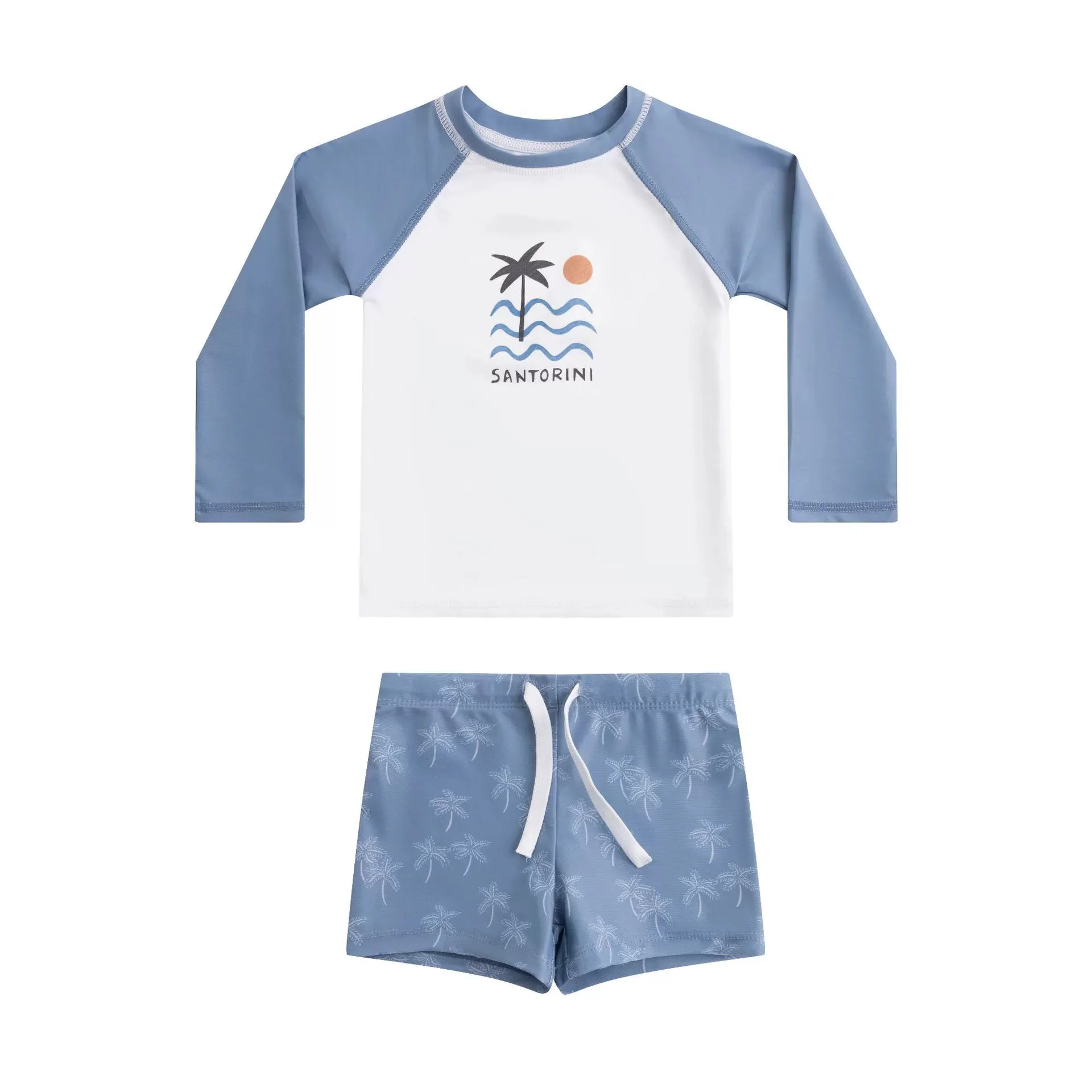 Boys Girl Swimsuit Summer Printed Two Piecs Swimwear with Cap Long Sleeve Top and Shorts Set Beach Boy Trunks Bathing Suit