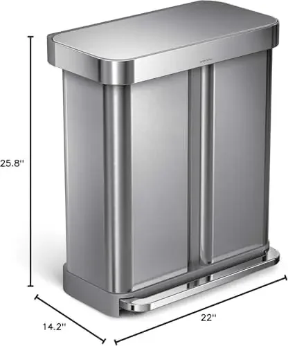 58 Liter/15.3 Gallon Step Can Liner Pocket, Brushed Stainless Steel Dual Compartment