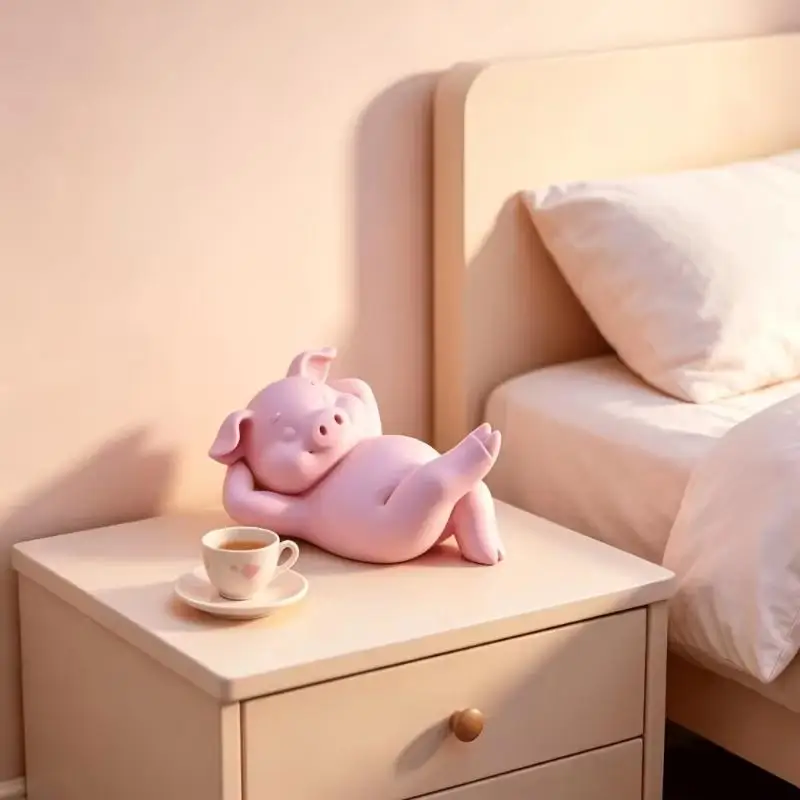 1Pcs 3D Print Mini Lazy Pink Pig Figurine Cute Reclining Relax Piggy Statue for Cabinet Display Desktop Decor Ornament