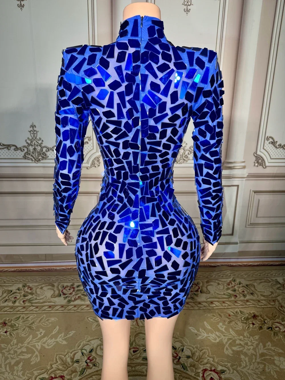 Sparkly Mirrors Short Dress Women Sexy Hollow Mesh See Through Evening Prom Party Birthday Dress Photo Shoot Show Stage Wear