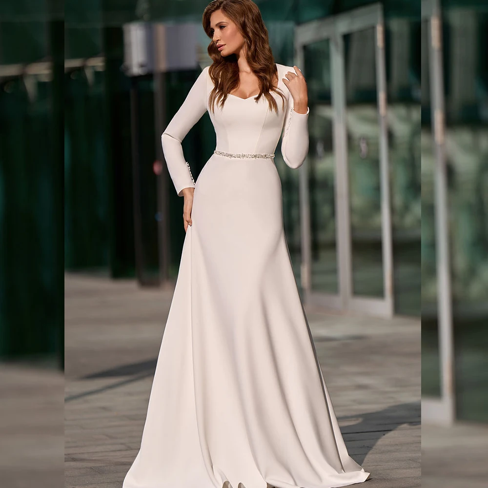 Beach Wedding Dress Long Sleeve Simple Belt A-Line Bridal Gowns Square Collar  Customize To Measure Robe De Mariee