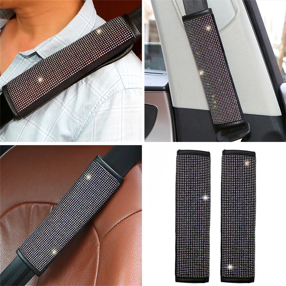 2 Pieces Car Seat Belt Cover Leather Seat Belt Shoulder Pad Crystal Rhinestones Diamond Shoulder Cover