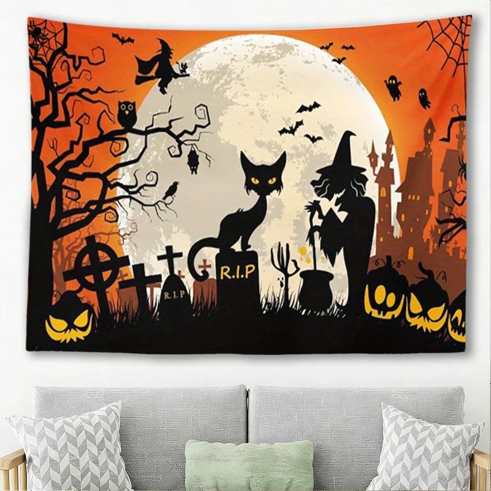 Halloween Tablecloth Retro Black Cat Pumpkin Ghost Print Scalloped Edge Dining Table Cover Party Decor
