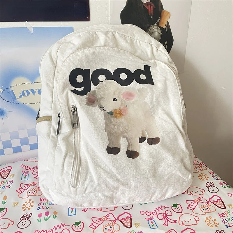 Cartoon Cute Sheep Print Schoolbags Japanese Anime Preppy Kawaii Girls Backpack Y2k Aesthetic Harajuku High-capacity Canvas Bags