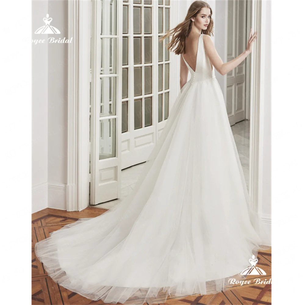 Roycebridal V Neck A Line  Wedding Dress 2025 Satin Court Train Wedding Gown vestido de noiva frete grátis mais vendidosплатьウェデ