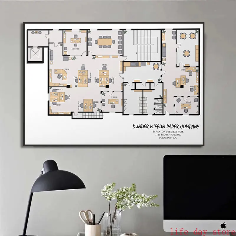 The Office Tv Show Poster Gift Movie Company Chart Dunder Mifflin Floor Plans Painting Canvas Print Wall Art Living Room Decor