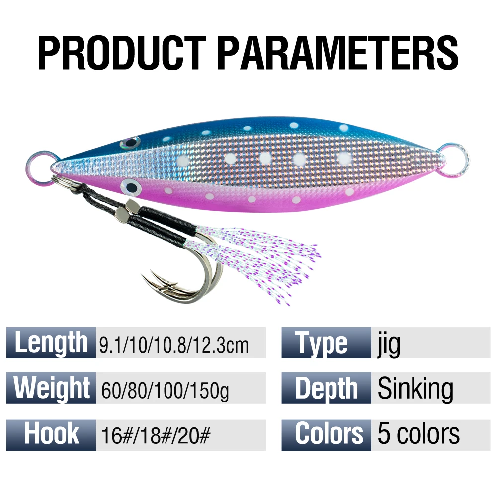 Luminous Metal Jig Casting Lure Fast Sinking 60g-150g Saltwater Bait with Sharp Assist Hooks Artificial Hard Bait for Bass Trout view 5