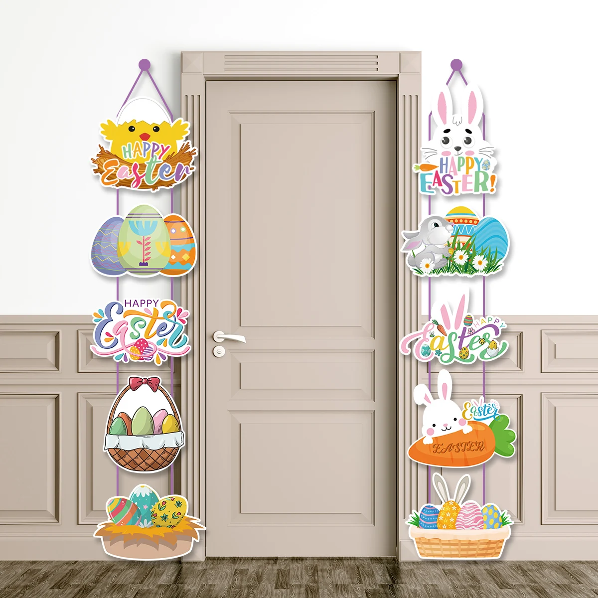 Happy Easter Hanging Door Banner Bunny Egg Carrot Pattern paper Couplet Easter Decoration for home 2024 Spring Party Rabbit Gift