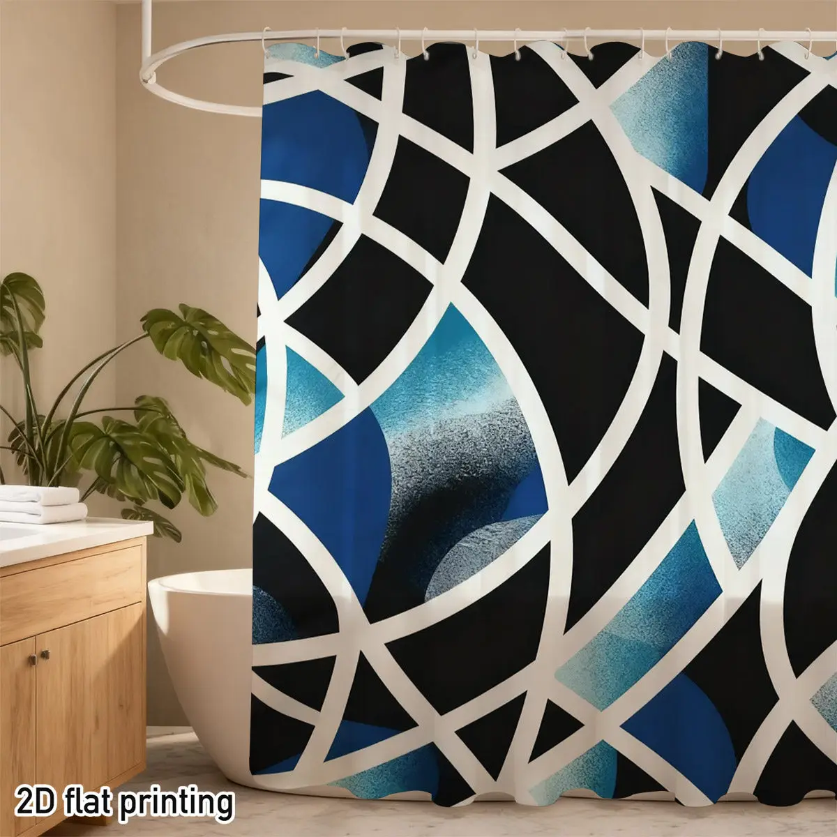 Abstract Geometric Shower Curtain – Blue, Black & White Interlocking Lines, 2D Flat Print, Polyester, 12 Hooks, Water-Resistant
