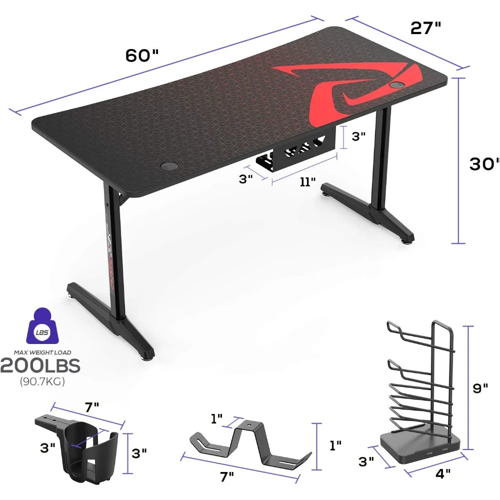 Gaming Desk with Full Mouse Pad & USB Handle Rack Cup Holder Headphone Hook, PLarge Curved Gamer for 3 Monitors Office Desk