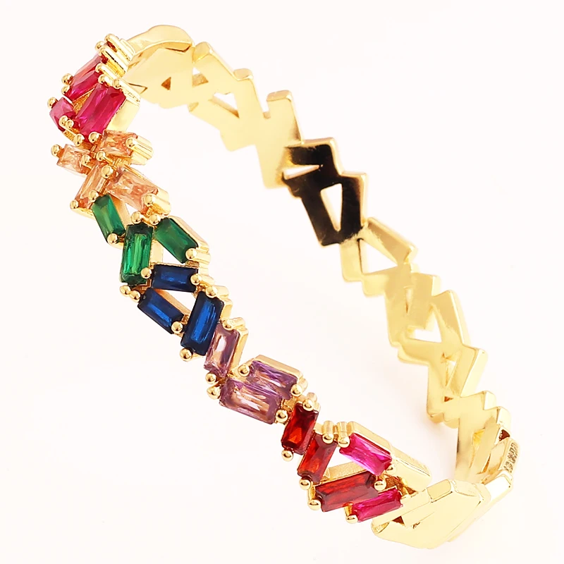 Gold Filled Rainbow Bangles for Women Crystal Cuff Bracelets CZ Cubic Zirconia Colorful Jewelry femme