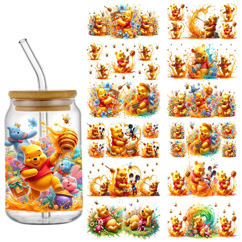 Autocollant Disney Winnie l'ourson Bourriquet miel UV DTF pour verre 16oz, étiquette de transfert standard, logo attro personnalisé, étanche, bricolage