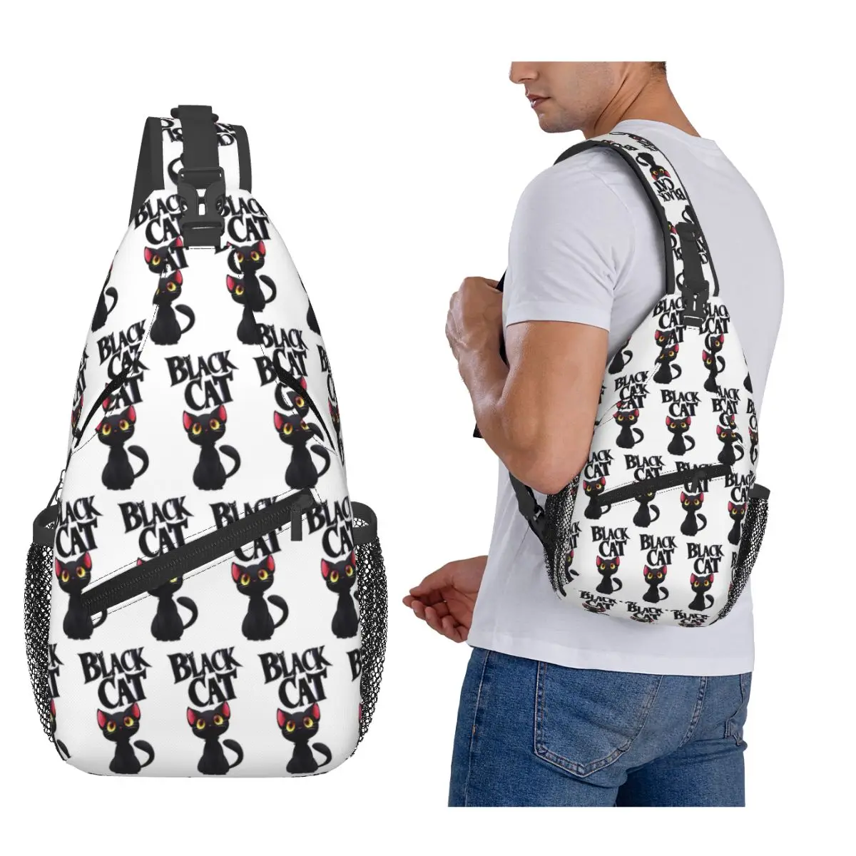

Нагрудная сумка с черным котом, мужской рюкзак через плечо, нагрудная сумка, дорожный походный рюкзак, сумка на плечо
