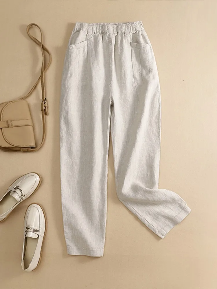 Pantaloni casual da donna in cotone e lino a nove pezzi Pantaloni Harem slim fit Vita alta Modello sottile ket Dettagli Pendolarismo Sle Summer C...