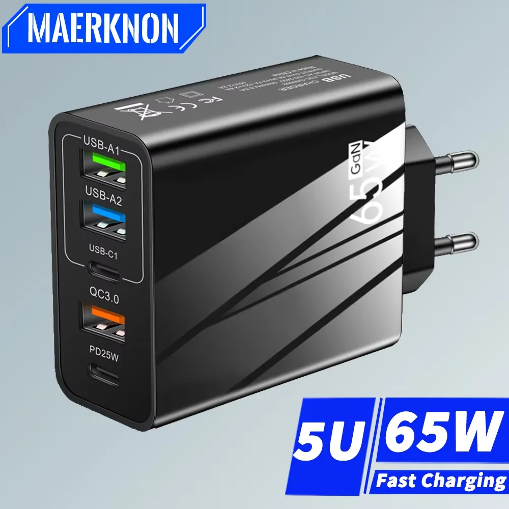 Total 65W GaN USB Fast Charger Multi Ports Type C Wall Charger For iPhone 15 Samsung Xiaomi USB PD Quick Phone Charger Adapter