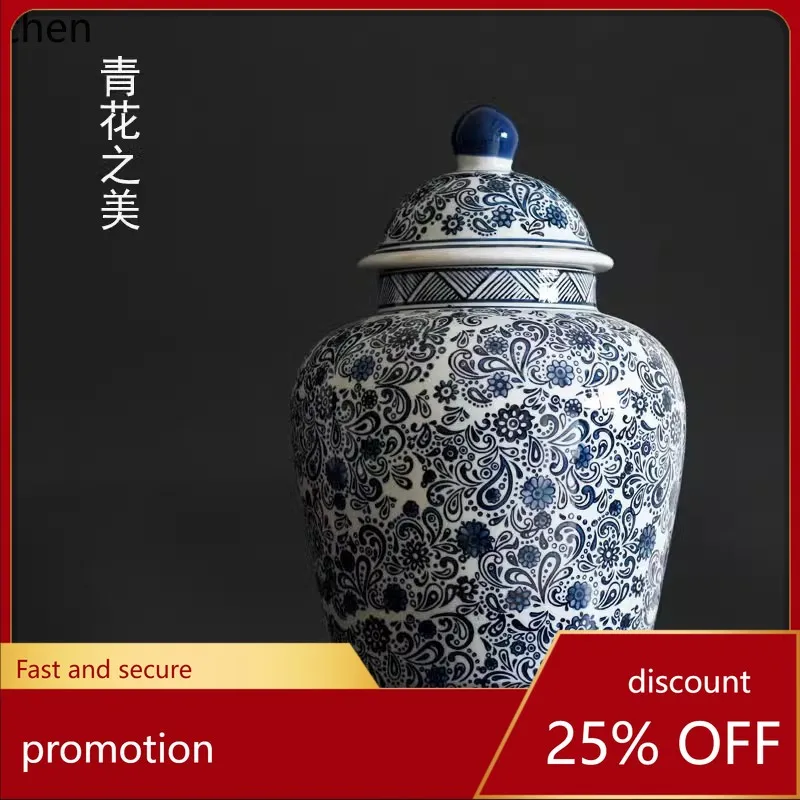 

YFY chinoiserie blue and white ceramic vase storage jar display model room entrance tv cabinet jar decorations ornaments